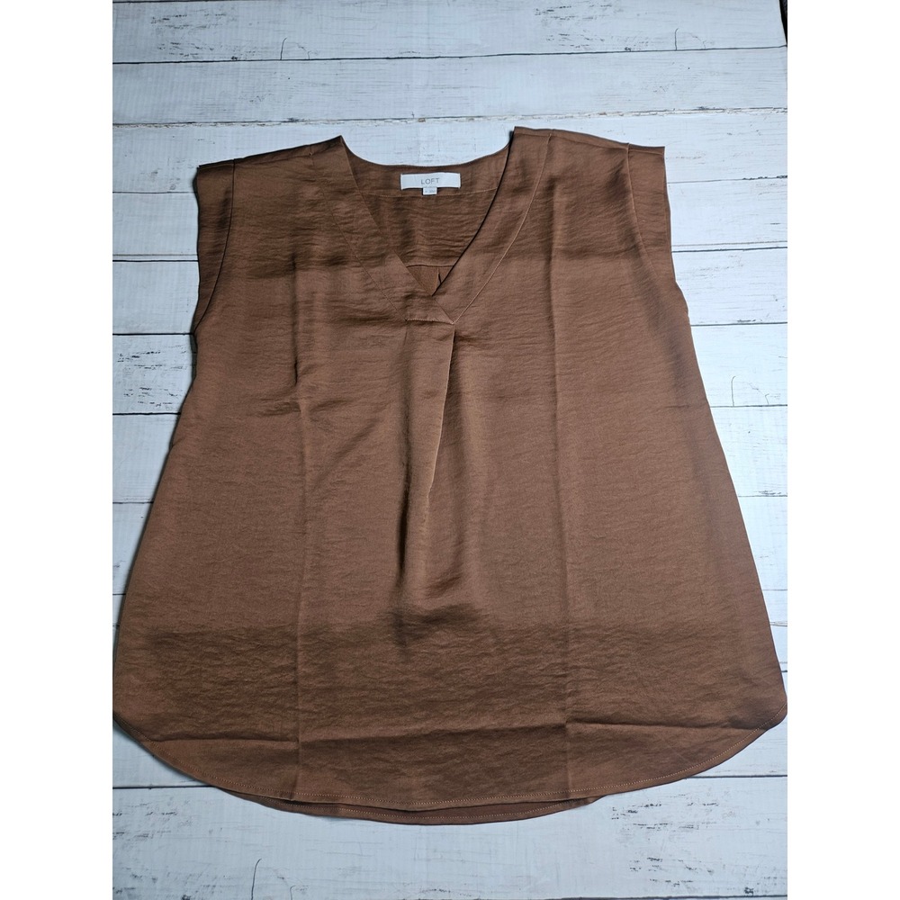 LOFT‎ Womens Medium Chocolate Brown Satin V Neck Sleeveless Pleated Blouse Top